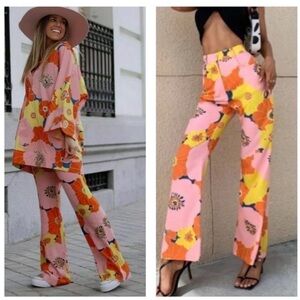 Zara Floral Print Multicolored Pants Hippie 70’s inspired Size XS